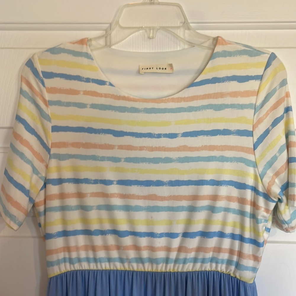 Brand: First Look, Color(s): Blue, White, Yellow, and Blush Pink, Maxi dress.